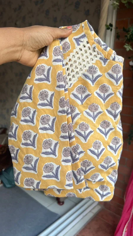 Cream yellow cotton hand printed blouse Feminine Satin Blouse