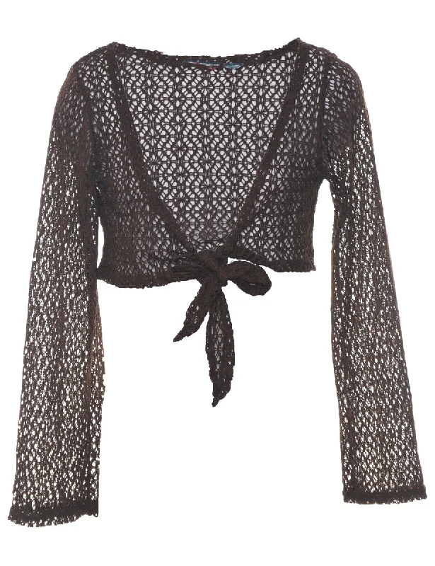 Cropped Brown Crochet Y2K Blouse - M Classic Minimalist Blouse