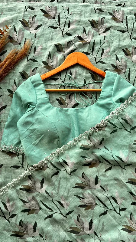 Cyan blue chiffon saree with hand worked blouse Office Formal Blouse