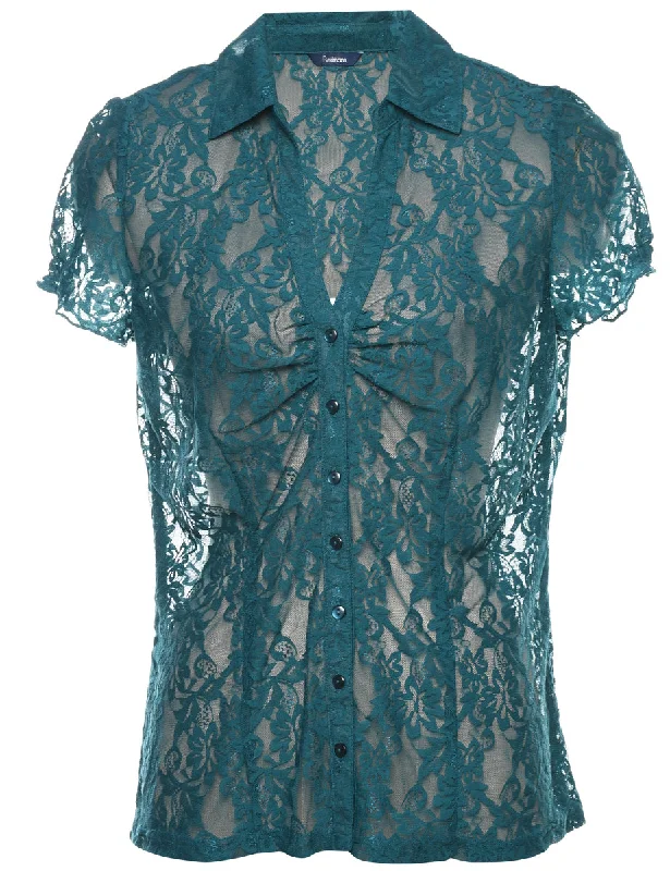 Dark Green Short-Sleeve Floral Lace Sheer Blouse - M Versatile Layering Blouse