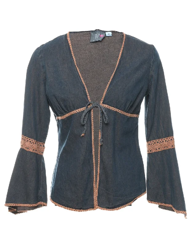Dark Wash 1990s Bell Sleeve Blouse - S Gathered Detail Blouse