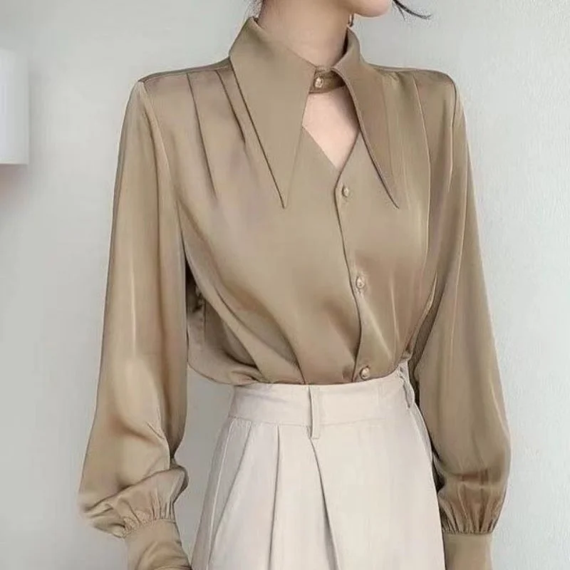 Elegant OL Chic Turn-down Collar Long Sleeve Women's Top Blouse for Spring - Women's Shirts and Blouses, Female Clothing Ruffled Neck Blouse