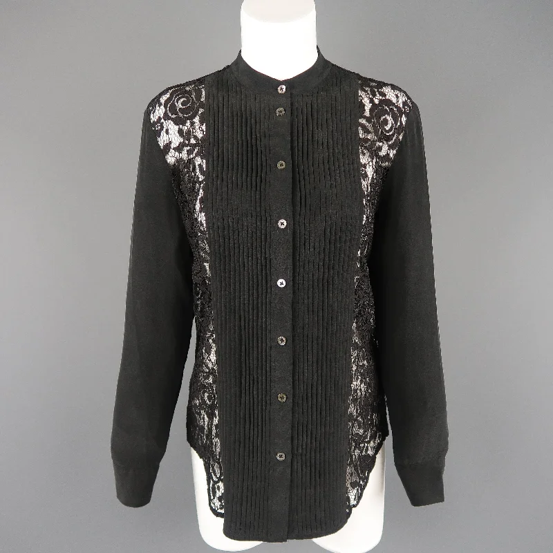 EQUIPMENT Femme Size XS Black Silk & Lace Pleated Bib Band Collar Blouse Feminine Pastel Blouse