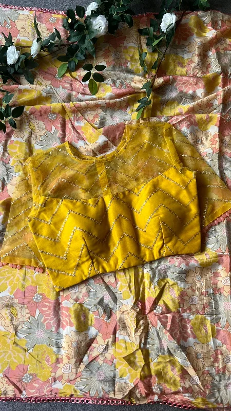 Floral viscose silk saree with yellow sequins blouse Elegant Semi-Sheer Blouse