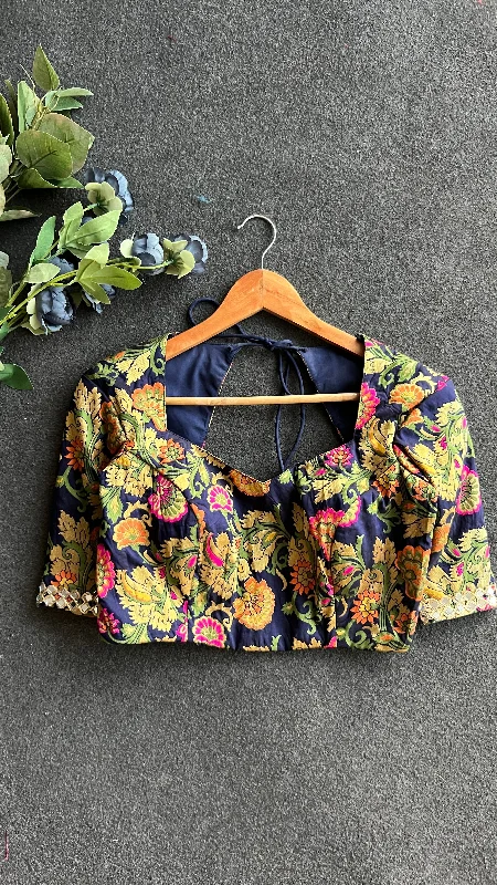 Green floral muslin silk blouse Sheer Sleeve Blouse