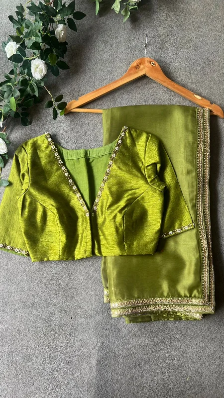 Green soft organza saree with hand worked blouse Textured Cotton Blouse