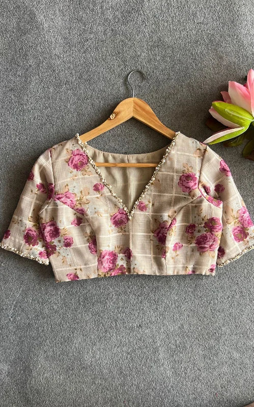 Halfwhite cotton pearl hand work blouse Sleeveless Chiffon Blouse