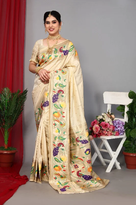 Women Wedding Wear Jari Weaving Paithani Silk Saree With Un Stitched Blouse Gathered Detail Blouse
