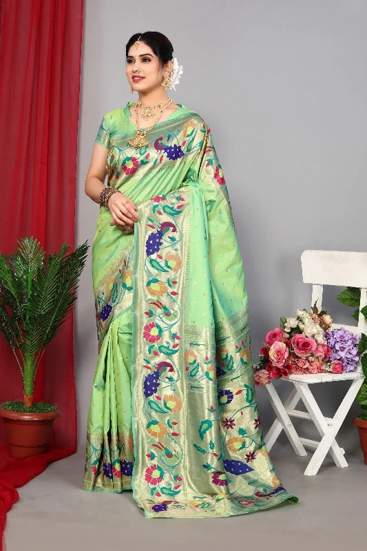 Women Wedding Wear Jari Weaving Paithani Silk Saree With Un Stitched Blouse Sleeveless Chiffon Blouse