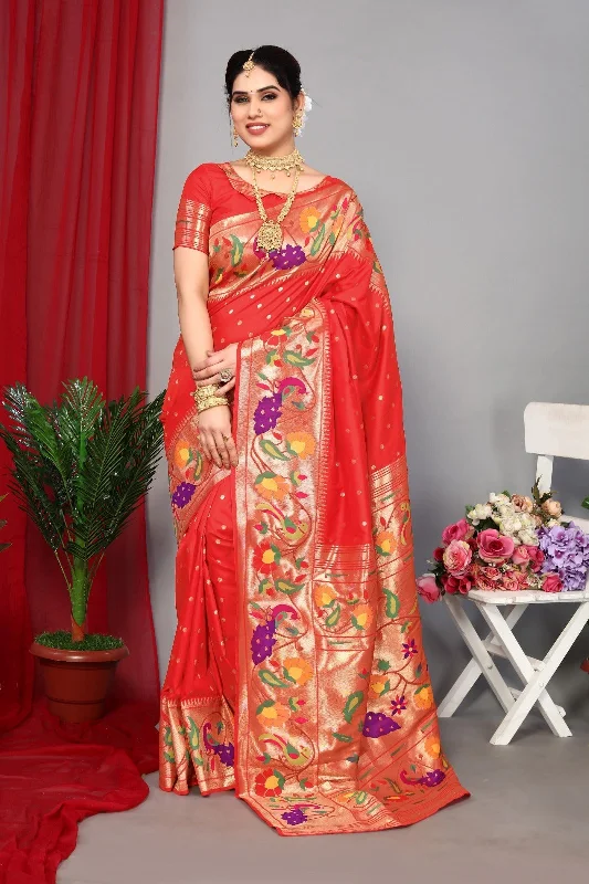 Women Wedding Wear Jari Weaving Paithani Silk Saree With Un Stitched Blouse Chic Sleeveless Blouse