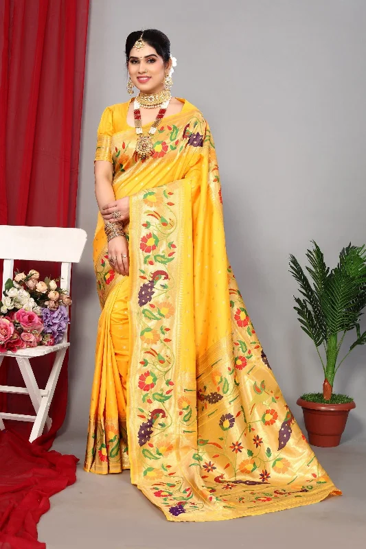 Women Wedding Wear Jari Weaving Paithani Silk Saree With Un Stitched Blouse Elegant Peplum Blouse