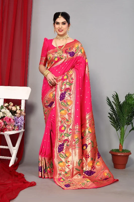 Women Wedding Wear Jari Weaving Paithani Silk Saree With Un Stitched Blouse Soft Knit Blouse
