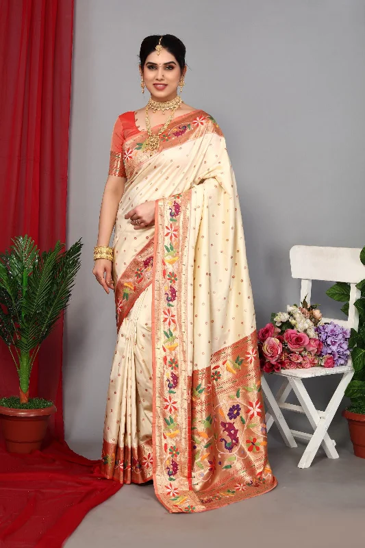 Women Wedding Wear Jari Weaving Paithani Silk Saree With Un Stitched Blouse Elegant Semi-Sheer Blouse