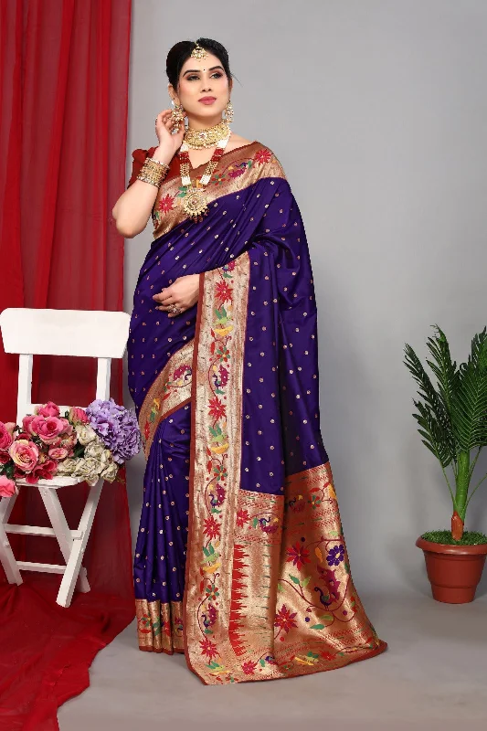Women Wedding Wear Jari Weaving Paithani Silk Saree With Un Stitched Blouse Casual Stripe Blouse