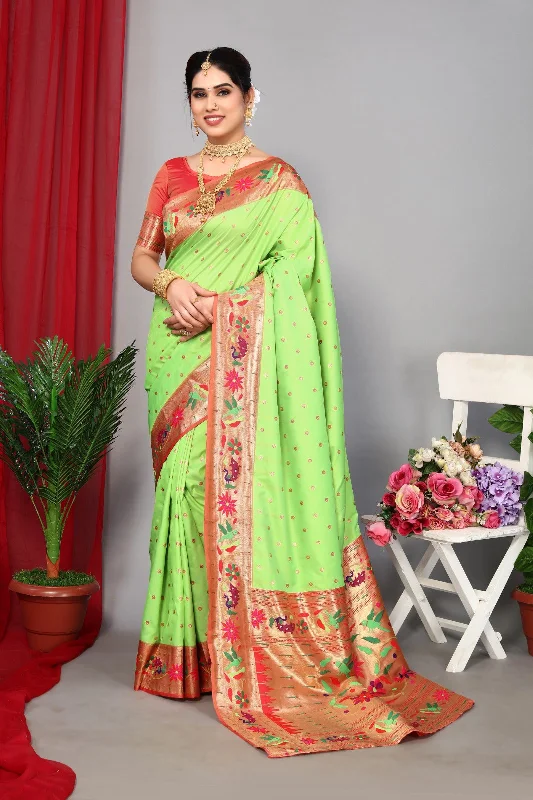 Women Wedding Wear Jari Weaving Paithani Silk Saree With Un Stitched Blouse Feminine Ruffle Blouse