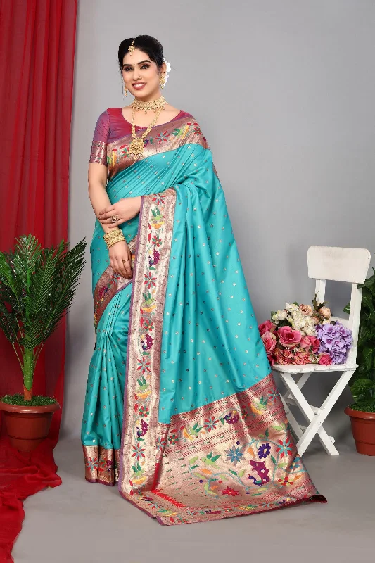 Women Wedding Wear Jari Weaving Paithani Silk Saree With Un Stitched Blouse Satin Bow Blouse