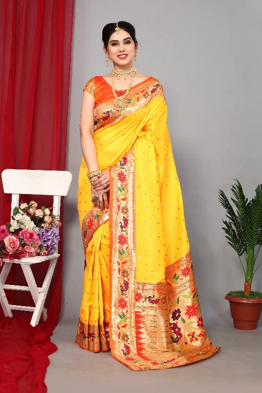 Women Wedding Wear Jari Weaving Paithani Silk Saree With Un Stitched Blouse Sweetheart Neck Blouse