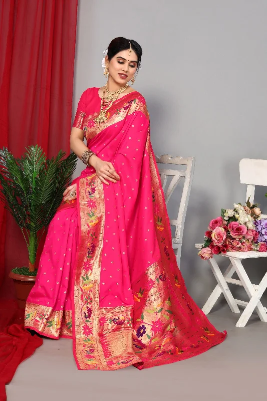Women Wedding Wear Jari Weaving Paithani Silk Saree With Un Stitched Blouse Embroidered Cotton Blouse