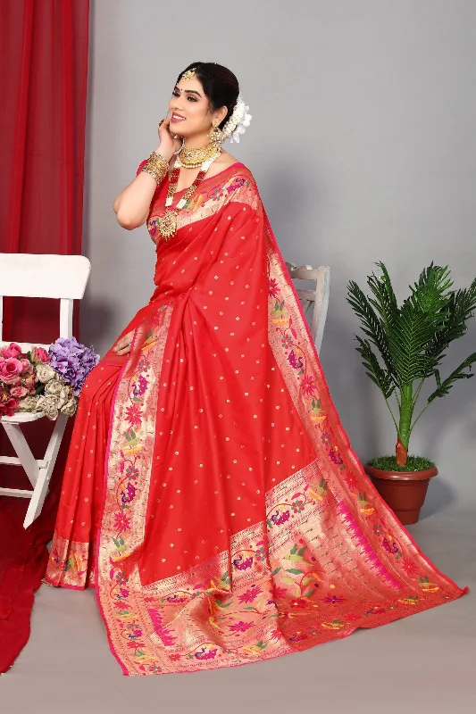 Women Wedding Wear Jari Weaving Paithani Silk Saree With Un Stitched Blouse Delicate Pleat Blouse