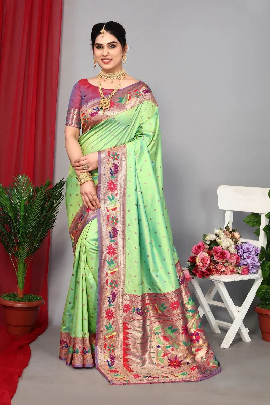 Women Wedding Wear Jari Weaving Paithani Silk Saree With Un Stitched Blouse Ruched Sleeve Blouse