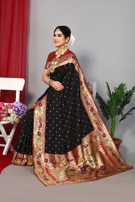 Women Wedding Wear Jari Weaving Paithani Silk Saree With Un Stitched Blouse Sheer Sleeve Blouse