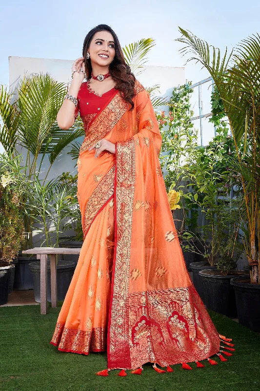 Women Party Wear Pure Zari Silk Saree With Un Stitched Blouse Short Sleeve Blouse