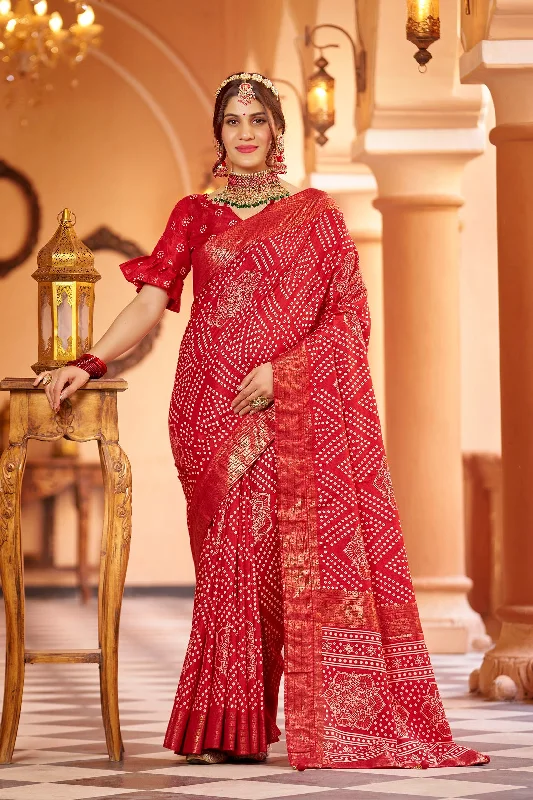 Women Party Wear Bandhani Printed Dola Silk Saree With Un Stitched Blouse Ruched Sleeve Blouse