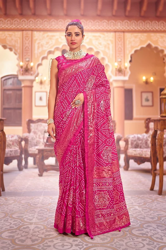 Women Party Wear Bandhani Printed Dola Silk Saree With Un Stitched Blouse Loose Oversized Blouse