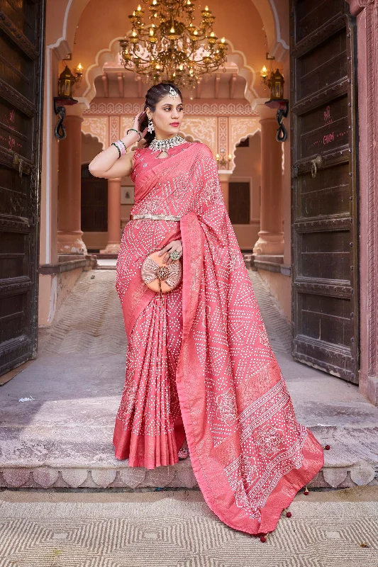 Women Party Wear Bandhani Printed Dola Silk Saree With Un Stitched Blouse Office-Ready Blouse