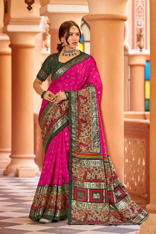 Women Party Wear Foil Print Work Dola Silk Saree With Un Stitched Blouse Peter Pan Collar Blouse