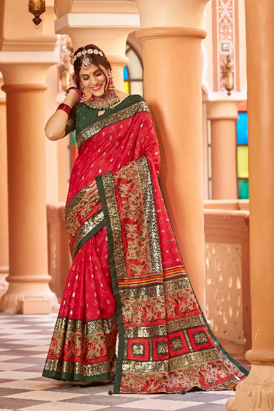 Women Party Wear Foil Print Work Dola Silk Saree With Un Stitched Blouse Asymmetric Hem Blouse
