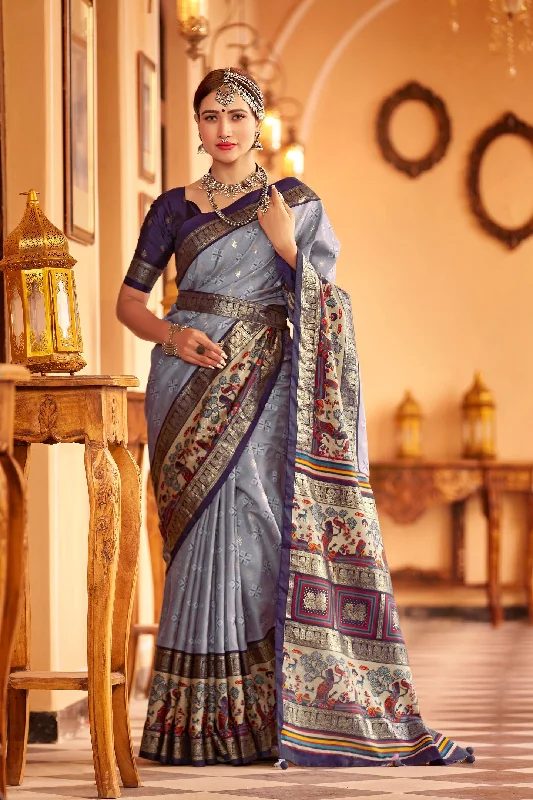 Women Party Wear Foil Print Work Dola Silk Saree With Un Stitched Blouse Satin Drape Blouse