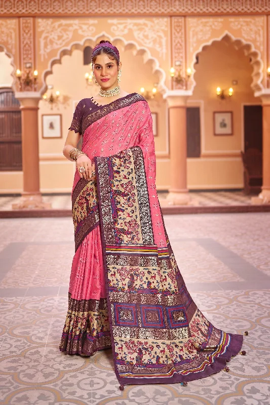 Women Party Wear Foil Print Work Dola Silk Saree With Un Stitched Blouse Casual Relaxed Blouse
