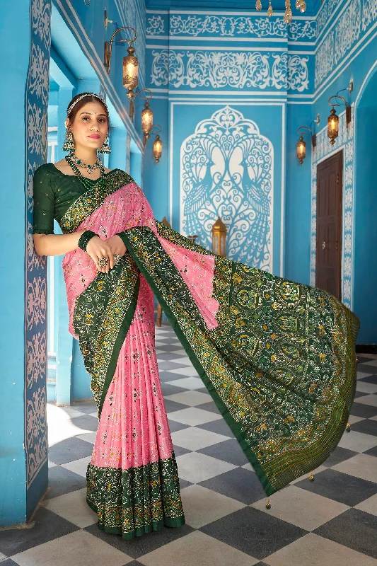 Women Party Wear Foil Print Work Dola Silk Saree With Un Stitched Blouse Airy Cotton Blouse