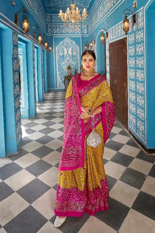Women Party Wear Foil Print Work Dola Silk Saree With Un Stitched Blouse Playful Puff Blouse