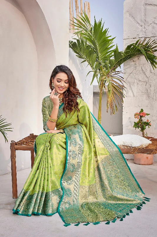Women Party Wear Weaving Work Zarna Silk Saree With Un Stitched Blouse Feminine Puff Blouse
