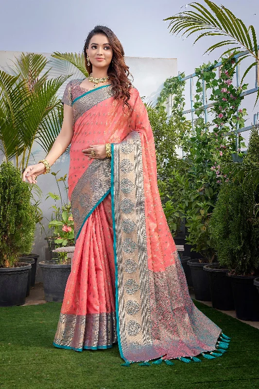 Women Party Wear Weaving Work Zarna Silk Saree With Un Stitched Blouse High Neck Blouse