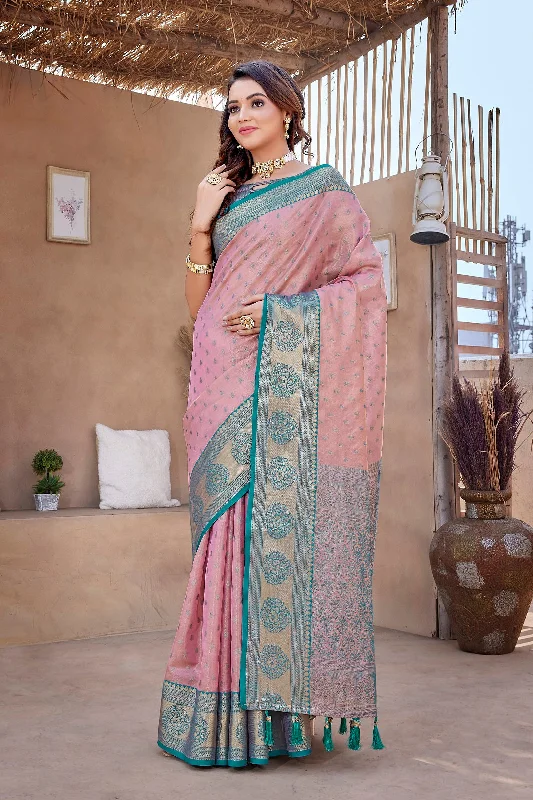 Women Party Wear Weaving Work Zarna Silk Saree With Un Stitched Blouse Wrap Front Blouse