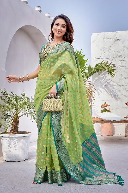 Women Party Wear Weaving Work Zarna Silk Saree With Un Stitched Blouse Chic Square Blouse