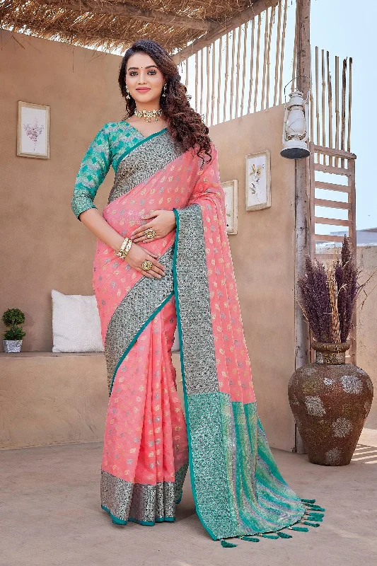 Women Party Wear Weaving Work Zarna Silk Saree With Un Stitched Blouse Lightweight Linen Blouse