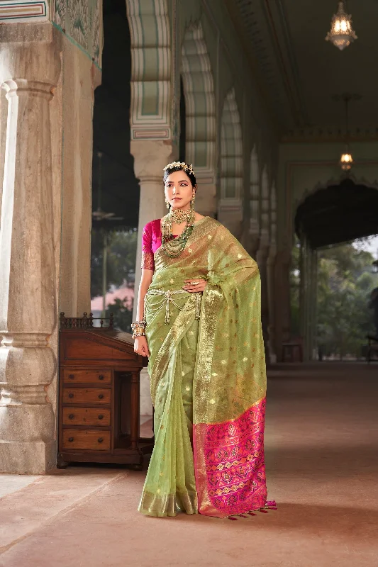 Women Party Wear Weaving Work Cotton Silk Saree With Un Stitched Blouse Bell Sleeve Blouse