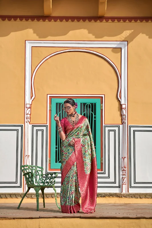 Women Party Wear Weaving Work Kanjivaram Silk Saree With Un Stitched Blouse Drape Neck Blouse