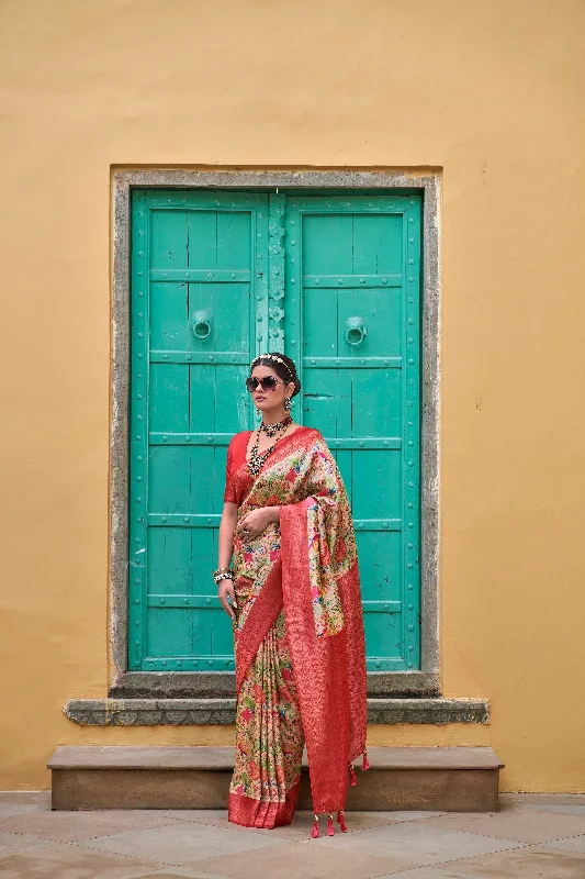 Women Party Wear Weaving Work Kanjivaram Silk Saree With Un Stitched Blouse Floral Print Blouse