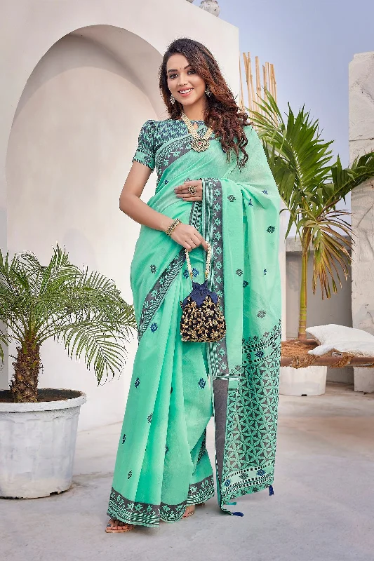 Women Party Wear Foil Print Work Dola Silk Saree With Un Stitched Blouse Gathered Detail Blouse