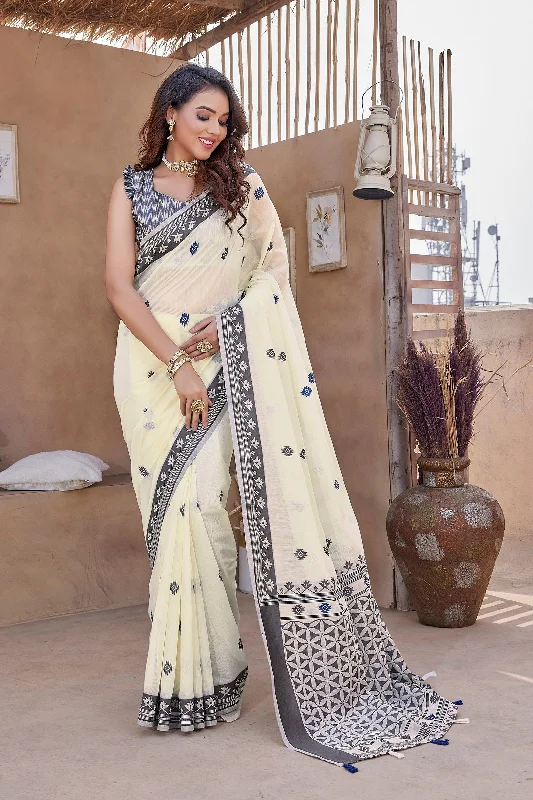 Women Party Wear Foil Print Work Dola Silk Saree With Un Stitched Blouse Off-Shoulder Wrap Blouse