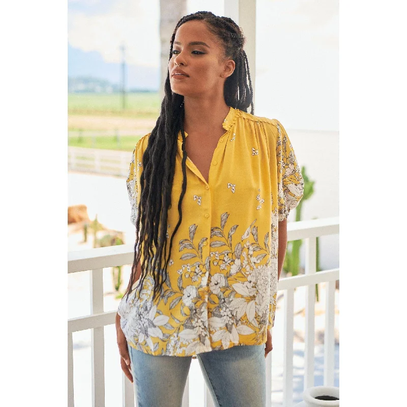 JAASE Womens Calla Lily Print Sierra Short Sleeve Blouse - Yellow Polished Work Blouse