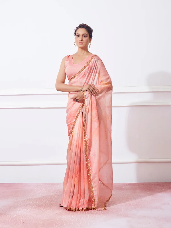 Women Party Wear Printed Organza Silk Saree With Un Stitched Blouse Satin Bow Blouse