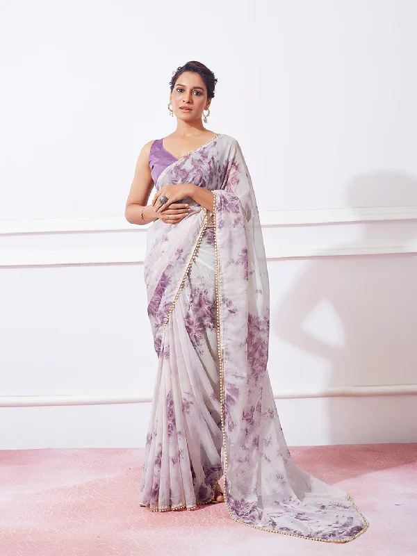 Women Party Wear Printed Organza Silk Saree With Un Stitched Blouse Embroidered Cotton Blouse