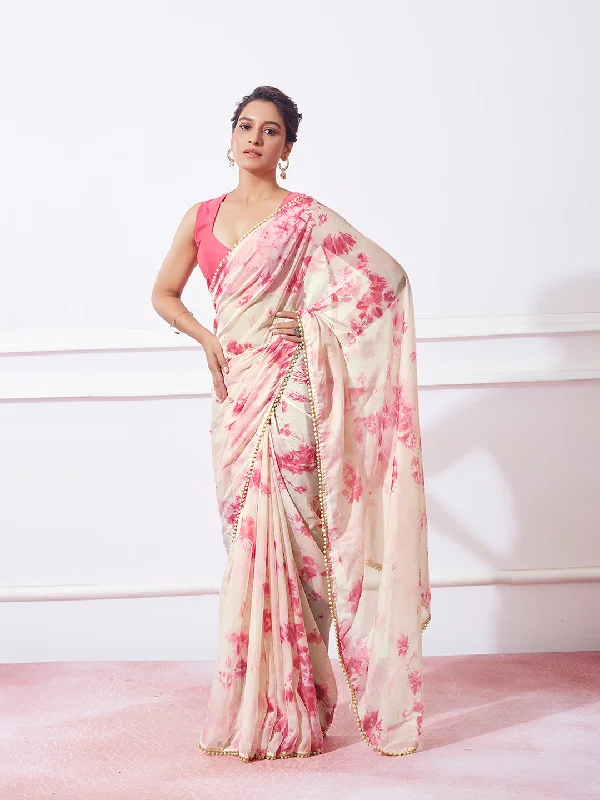 Women Party Wear Printed Organza Silk Saree With Un Stitched Blouse Side Tie Blouse