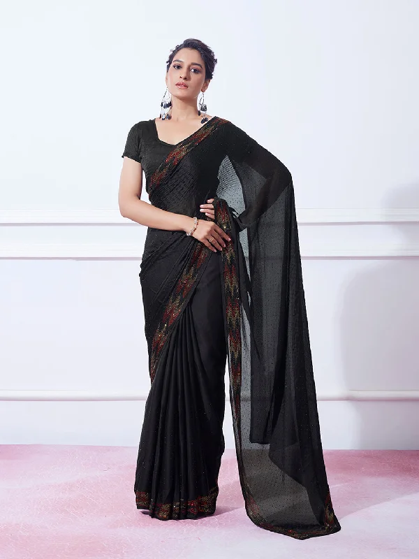 Women Party Wear Sequence Worked Saree with Designer Un Stitched Blouse Double Button Blouse